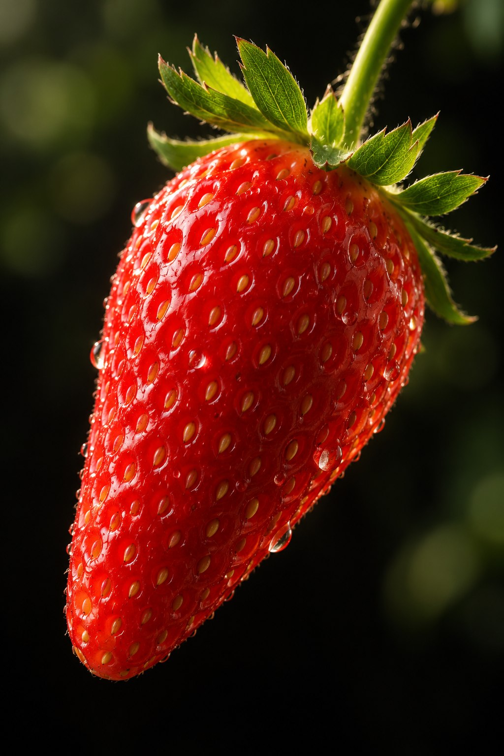 Évocation d’une fraise Gariguette mûre, avec ses graines, ses feuilles et des gouttes de rosée